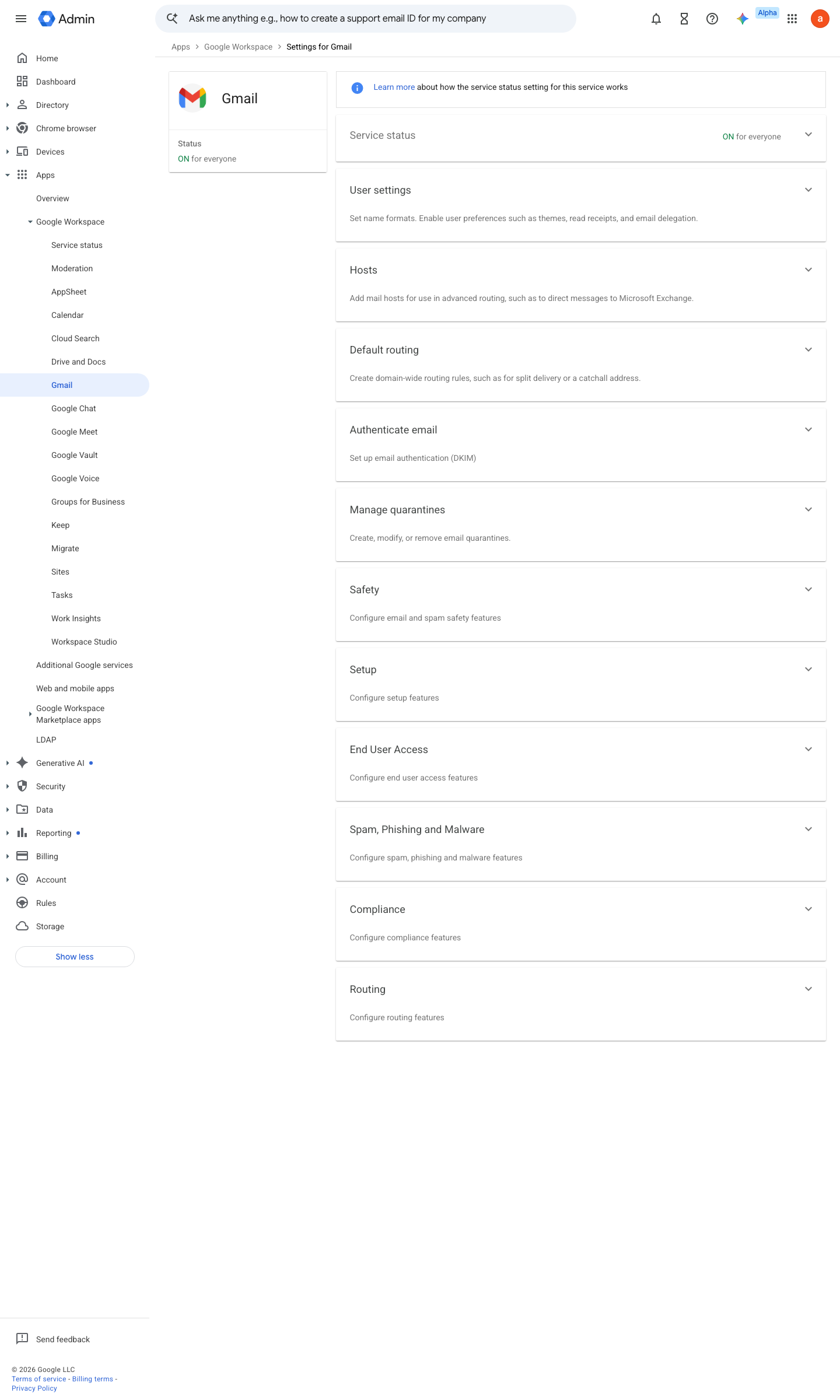 Admin console screen — Apps > Google Workspace > Gmail (settings landing — fallback if the DKIM deep link moves)