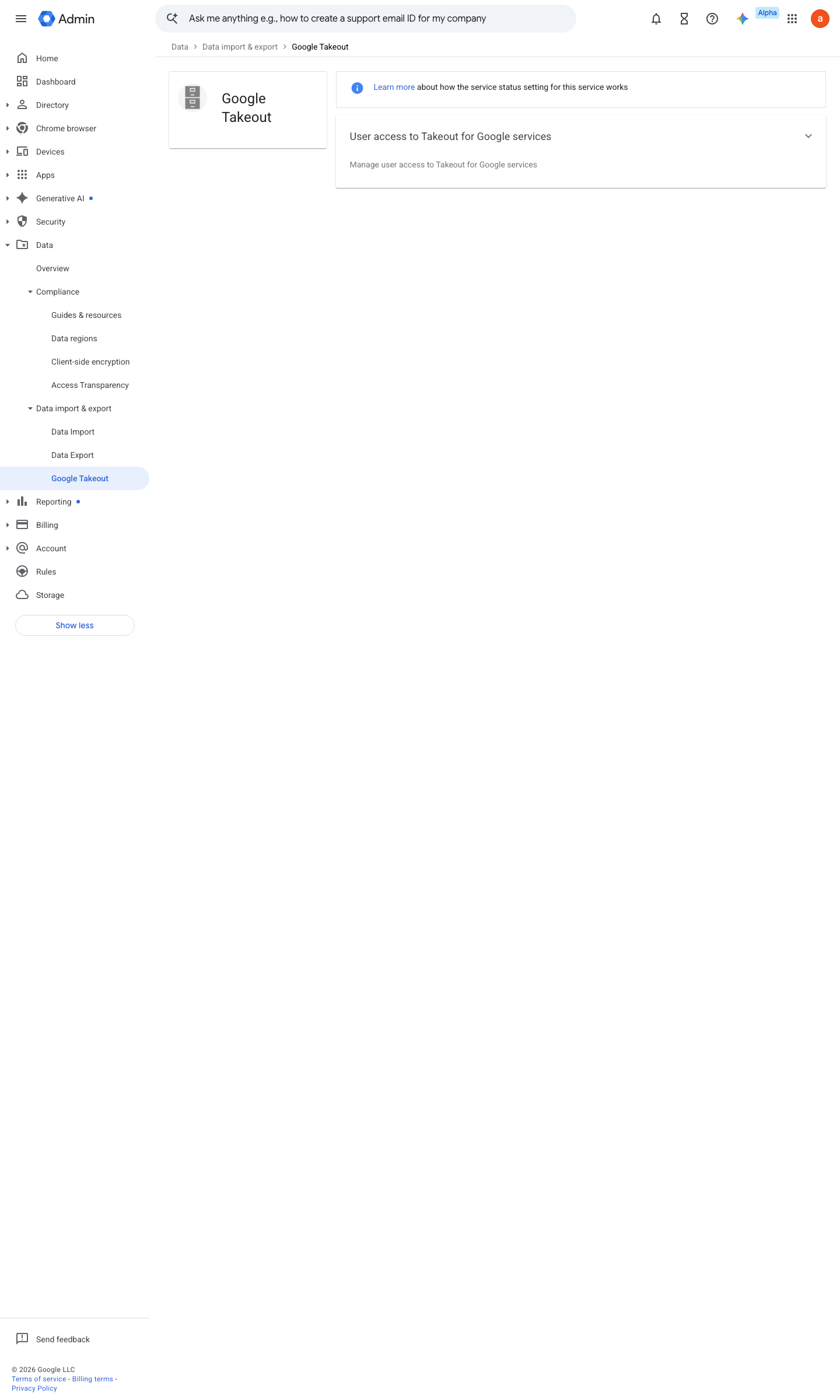 Admin console screen — Data > Data import & export > Google Takeout