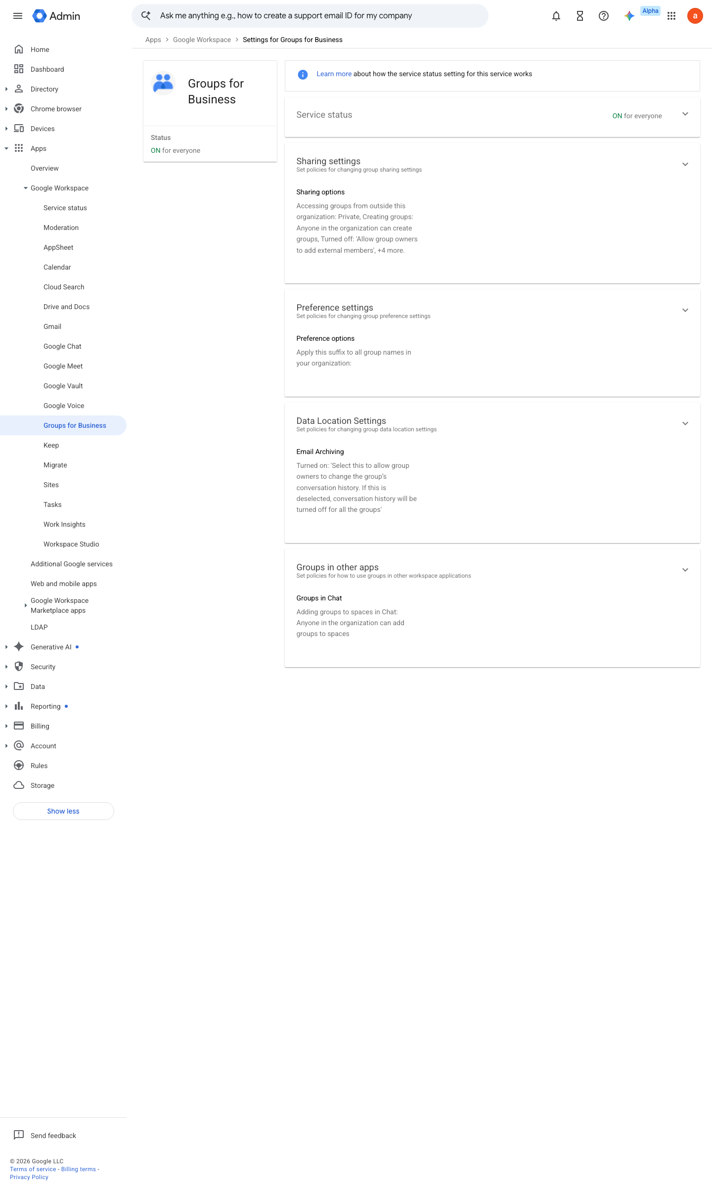 Admin console screen — Apps > Google Workspace > Groups for Business > Sharing settings