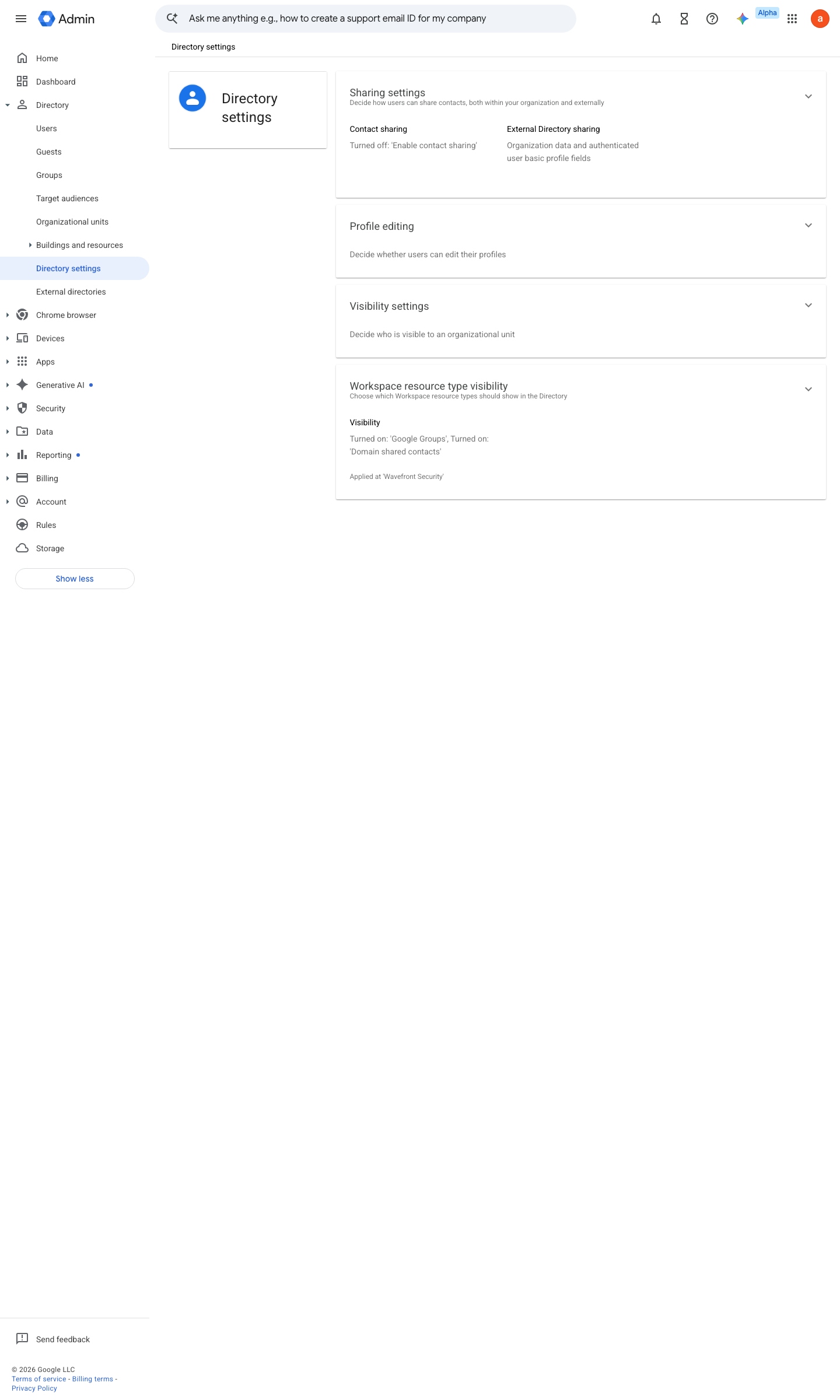 Admin console screen — Directory > Directory settings (Sharing settings / Visibility settings)