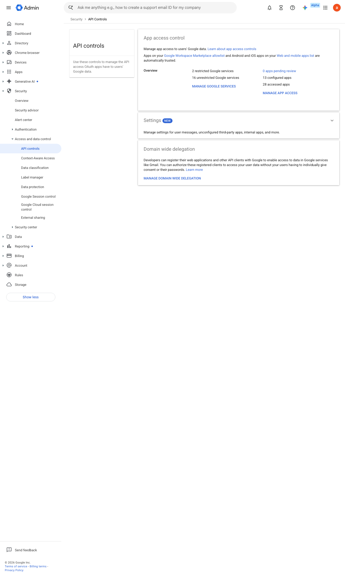 Admin console screen — Security > Access and data control > API controls