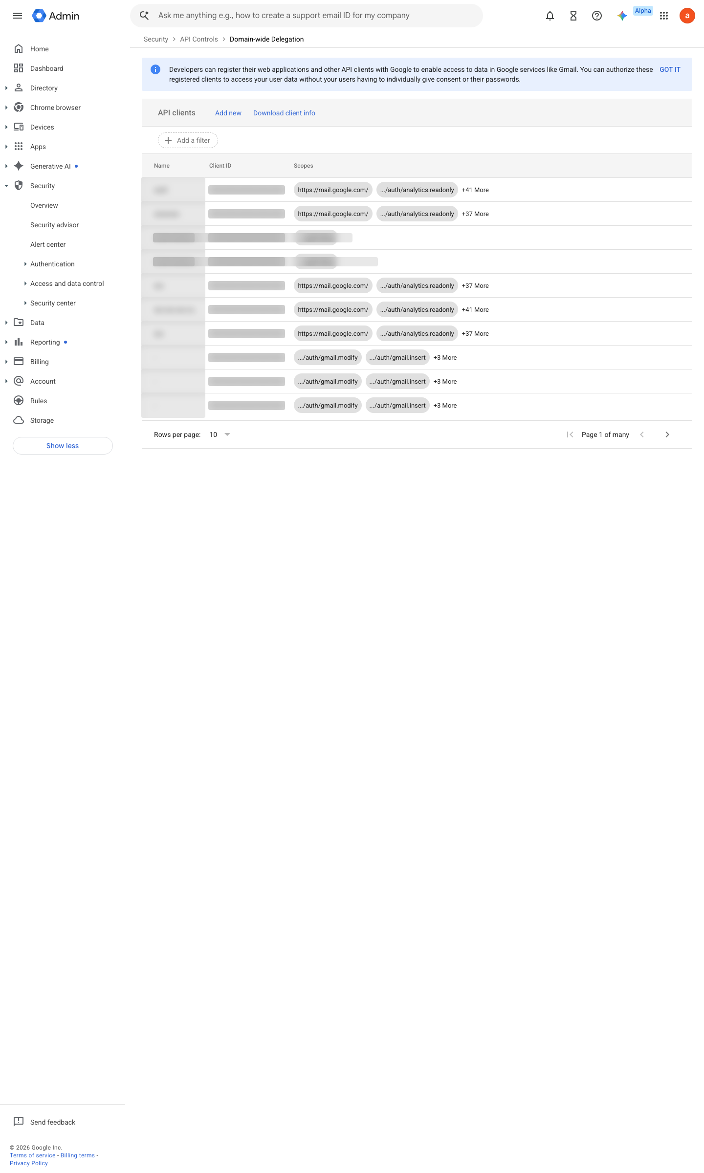 Admin console screen — Security > Access and data control > API controls > Domain-wide delegation