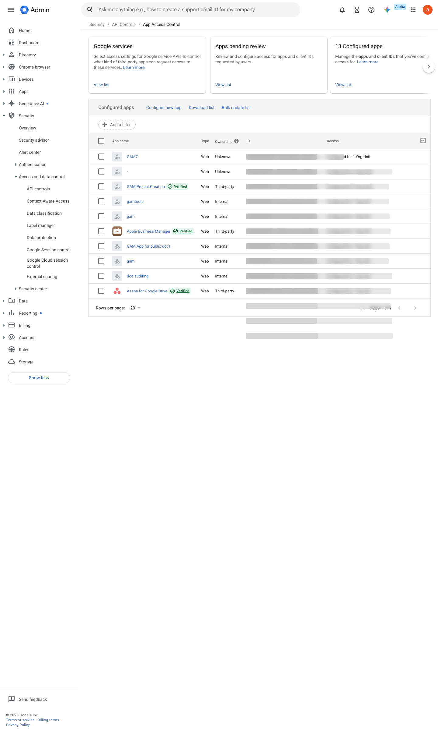 Admin console screen — Security > Access and data control > API controls > Manage App Access (app grants in the same cycle)