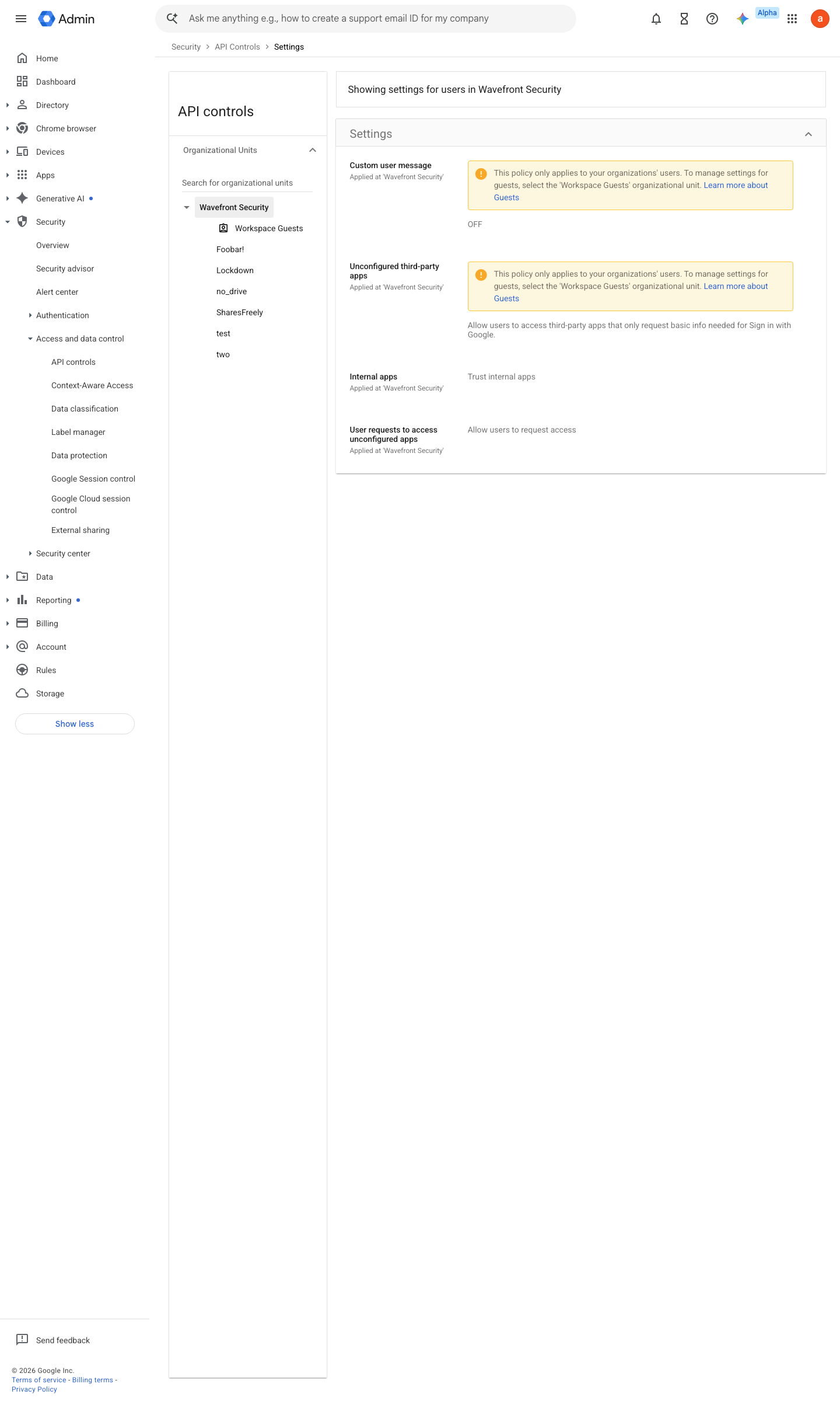 Admin console screen — Security > Access and data control > API controls > App access control > Settings (unconfigured-apps default)