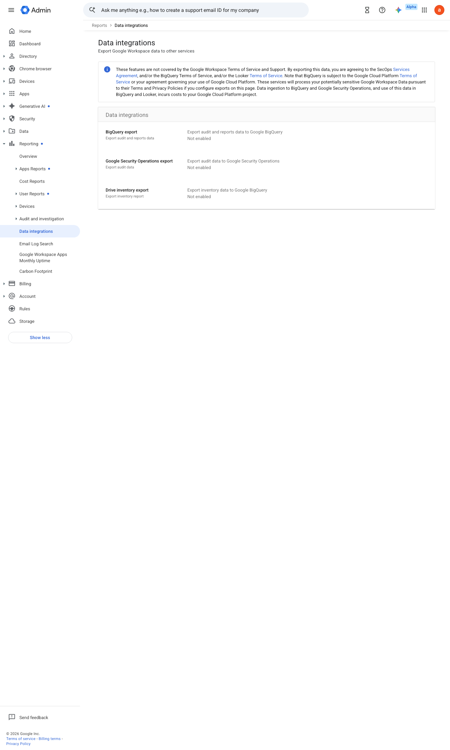 Admin console screen — Reporting > Data integrations (BigQuery Export — the log source these rules run over)