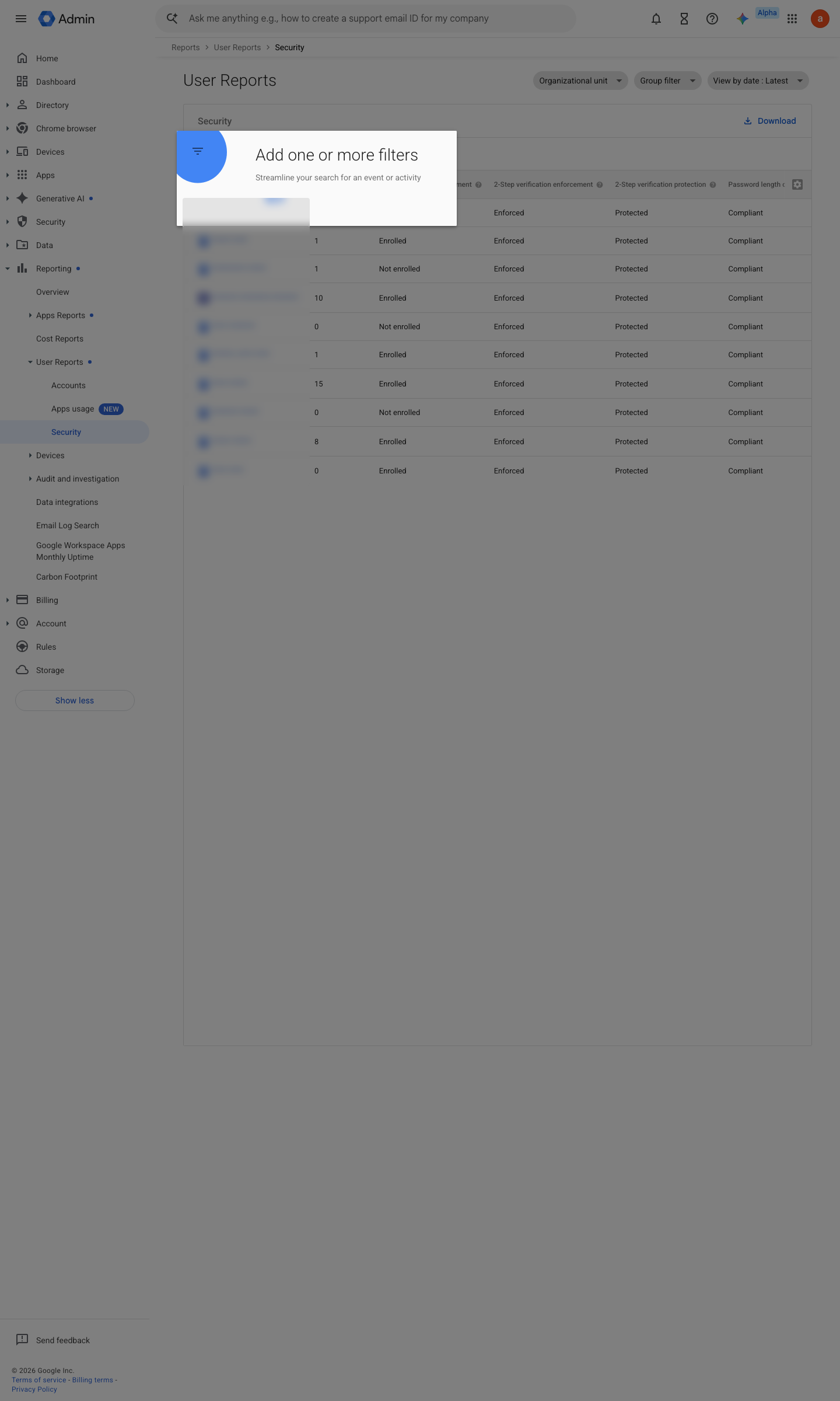 Admin console screen — Reporting > User Reports > Security (2SV enrollment column)