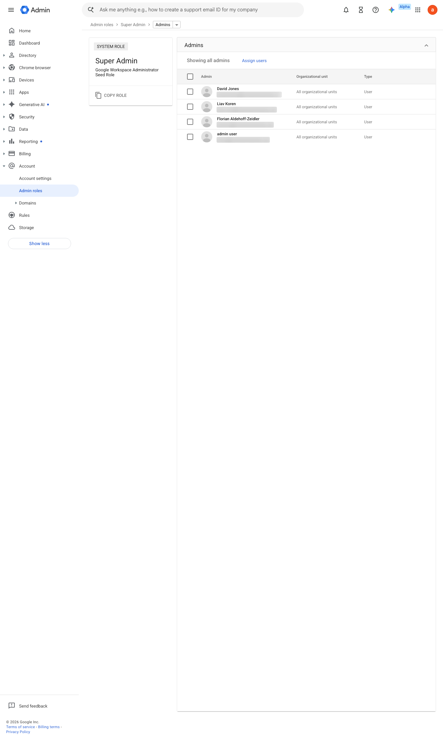 Admin console screen — Account > Admin roles > Super Admin