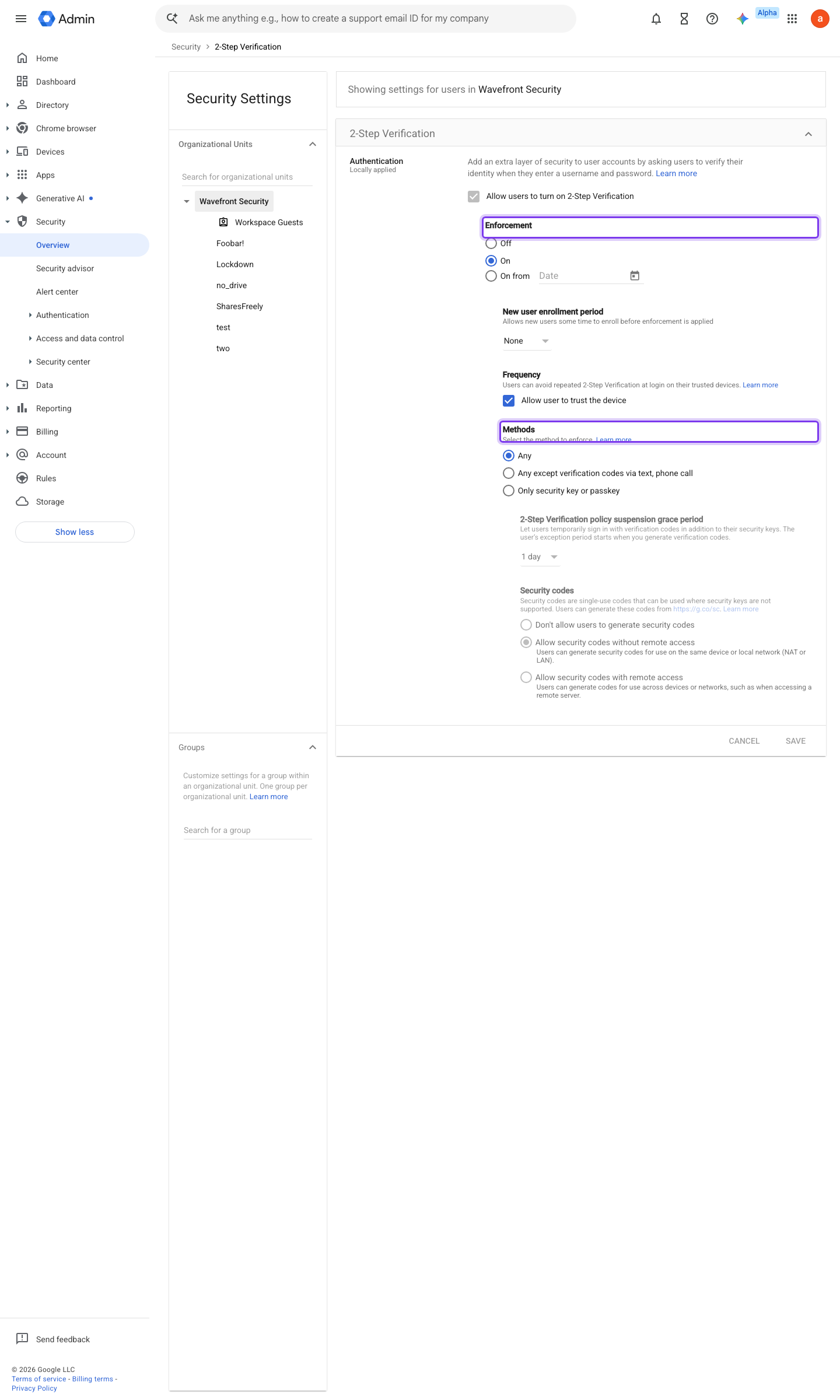 Admin console screen — Security > Authentication > 2-Step Verification