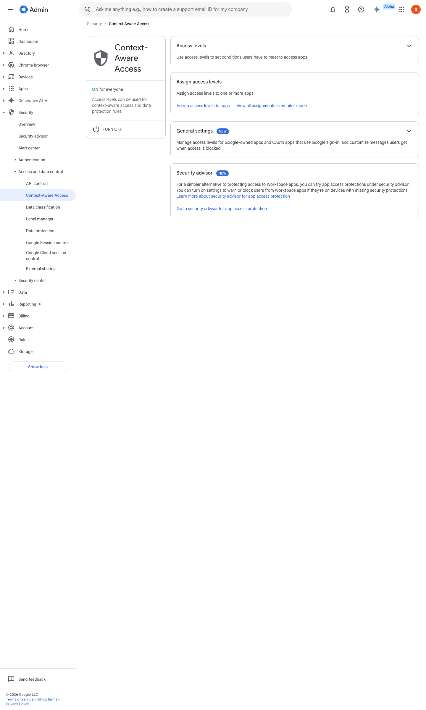 Admin console screen — Security > Access and data control > Context-Aware Access > Assign access levels to apps