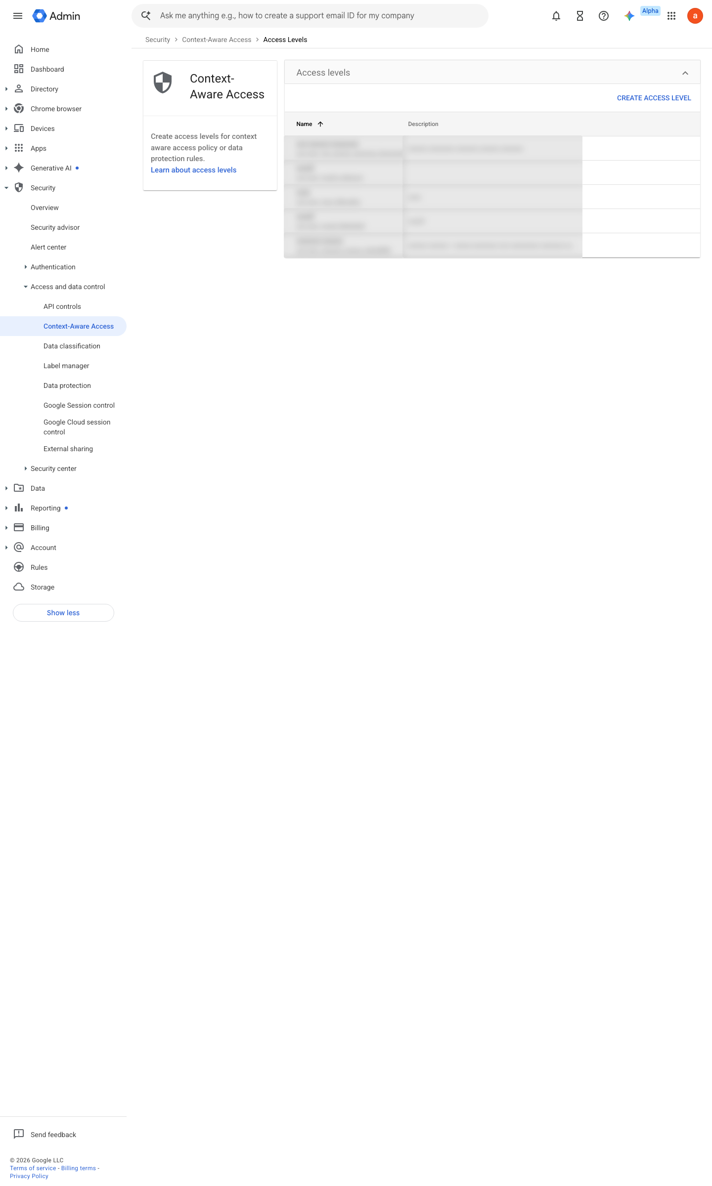 Admin console screen — Security > Access and data control > Context-Aware Access > Access levels