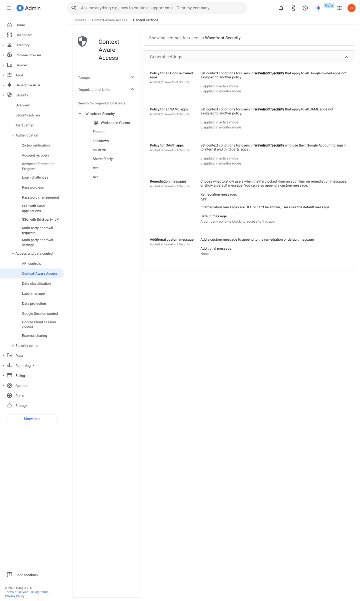 Admin console screen — Security > Context-Aware Access > General settings (default policies for Google-owned, SAML and OAuth apps)