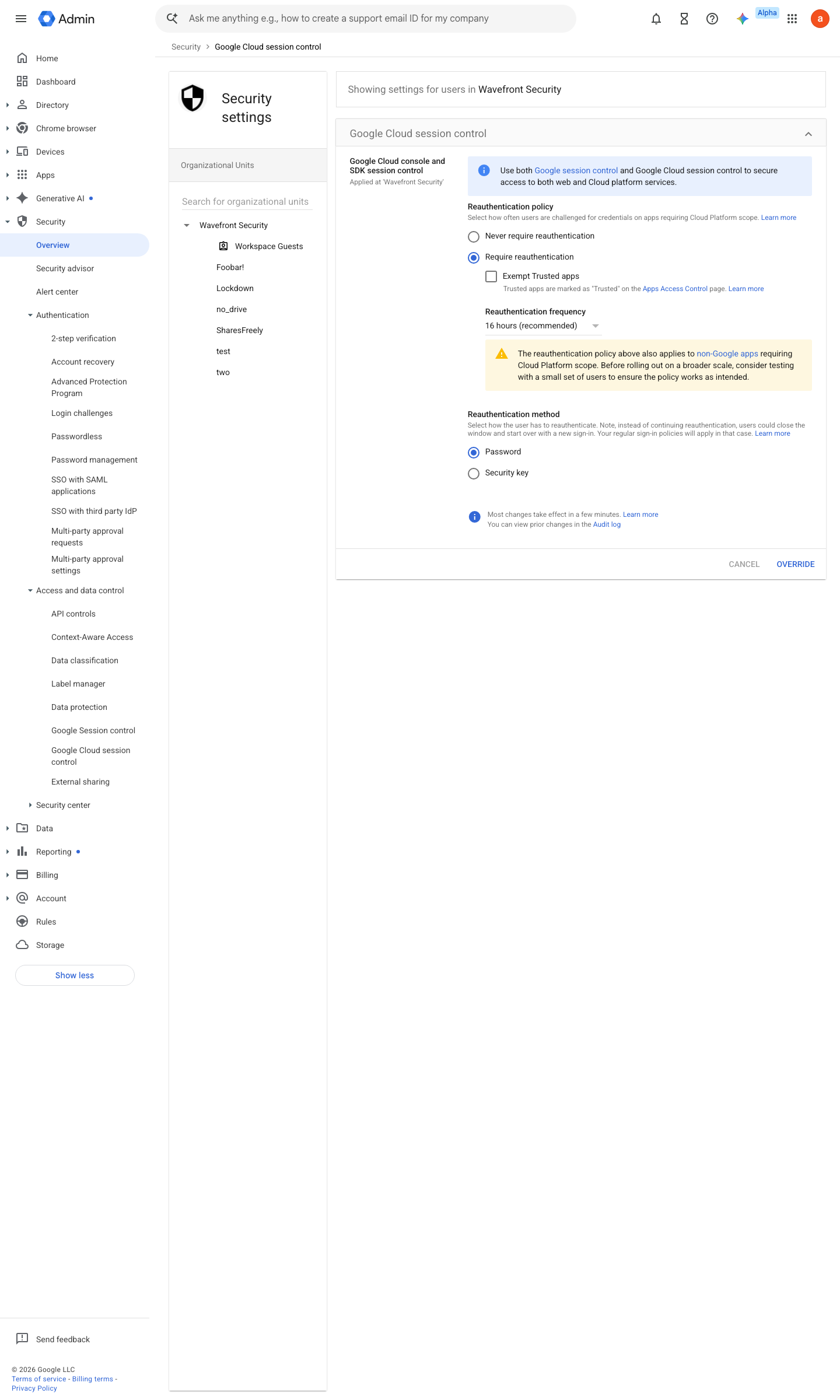 Admin console screen — Security > Access and data control > Google Cloud session control