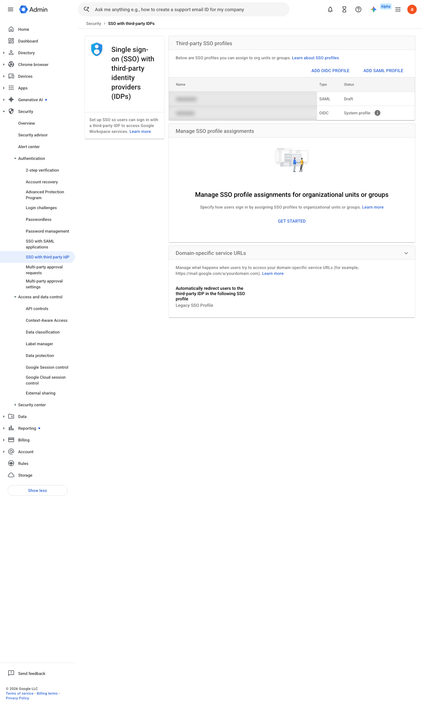 Admin console screen — Security > Authentication > SSO with third-party IdP