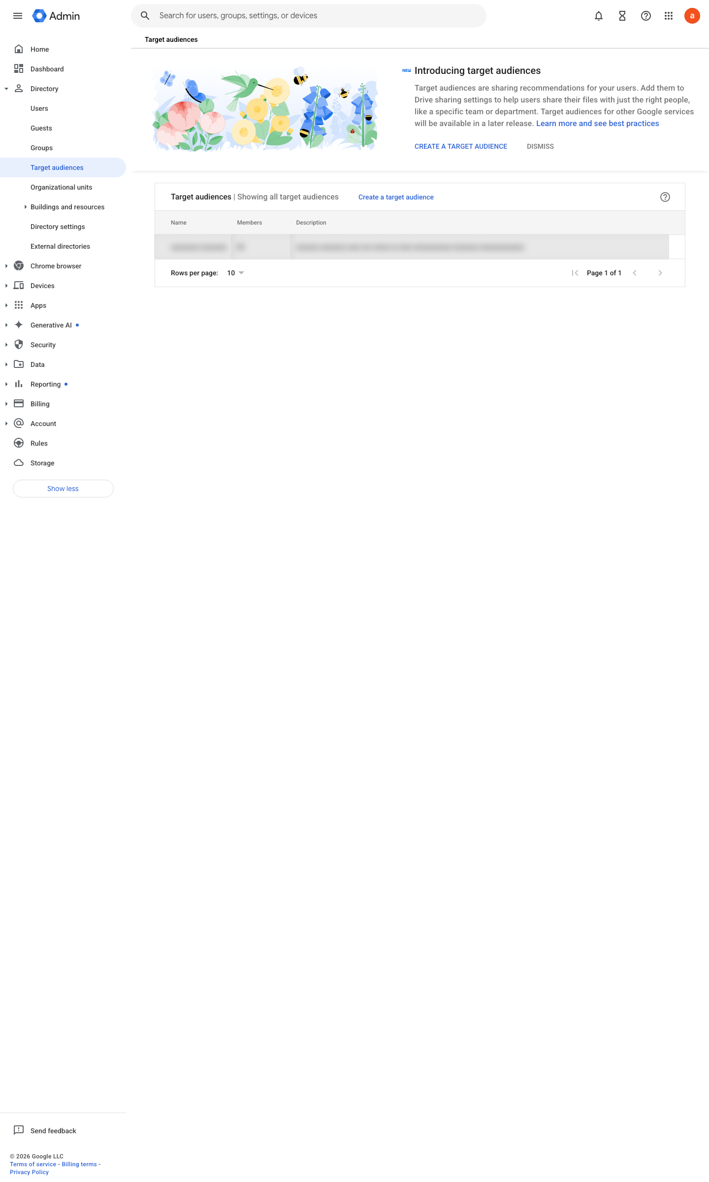 Admin console screen — Directory > Target audiences (define the default 'share with' audience)