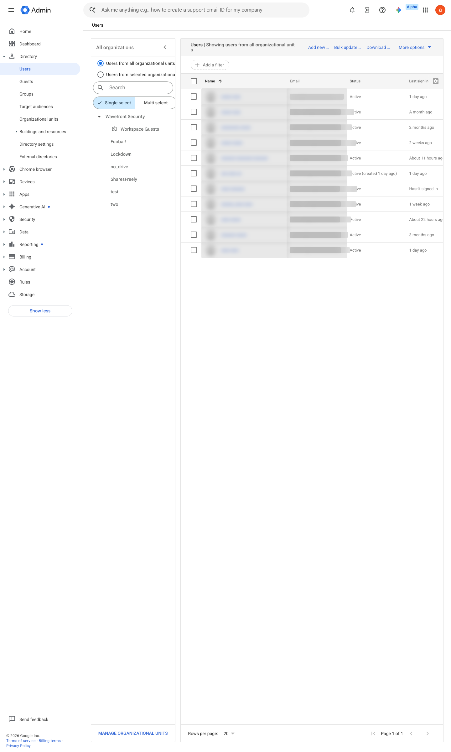 Admin console screen — Directory > Users (confirm the elevated user holds no standing role)