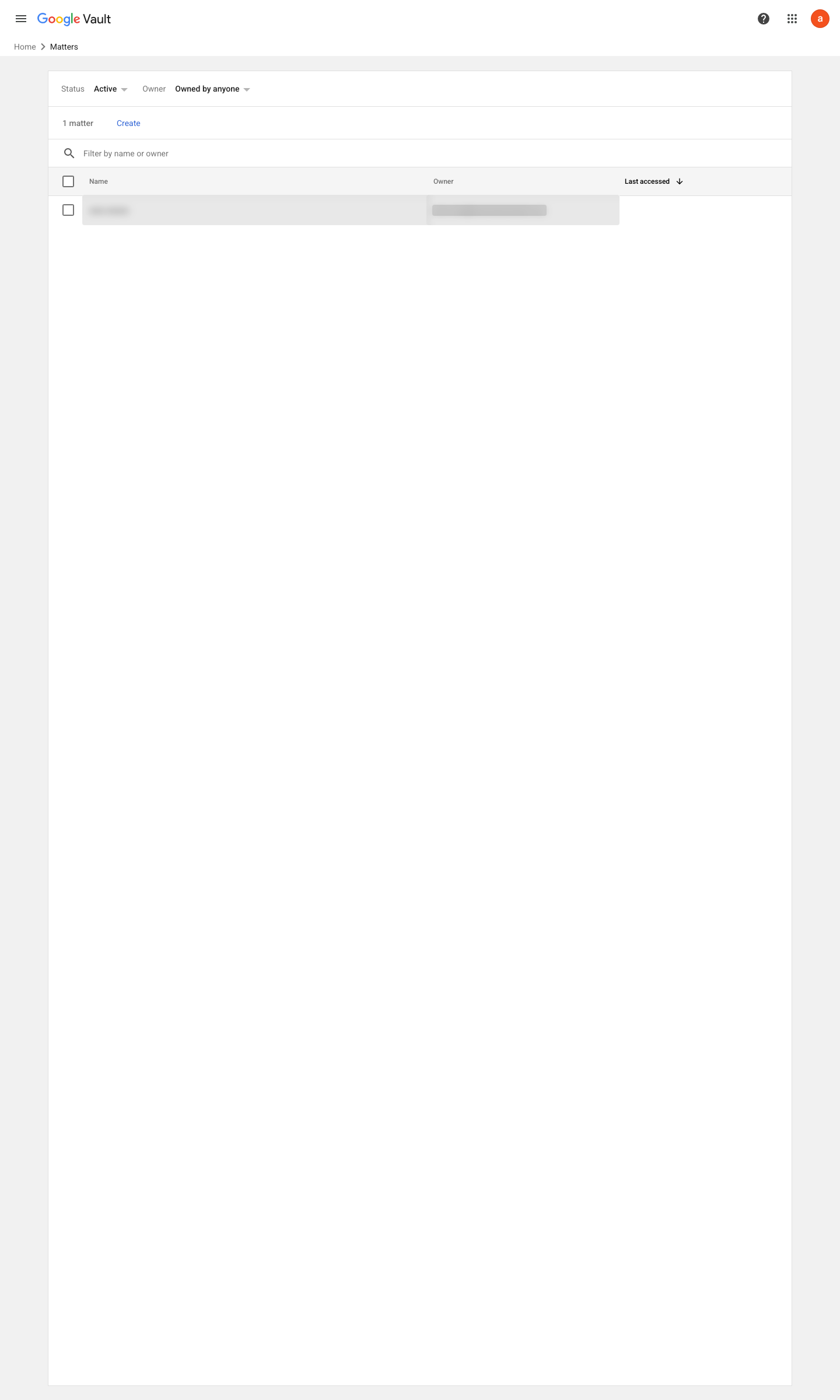 Admin console screen — Google Vault > Matters (legal hold lives inside a matter)