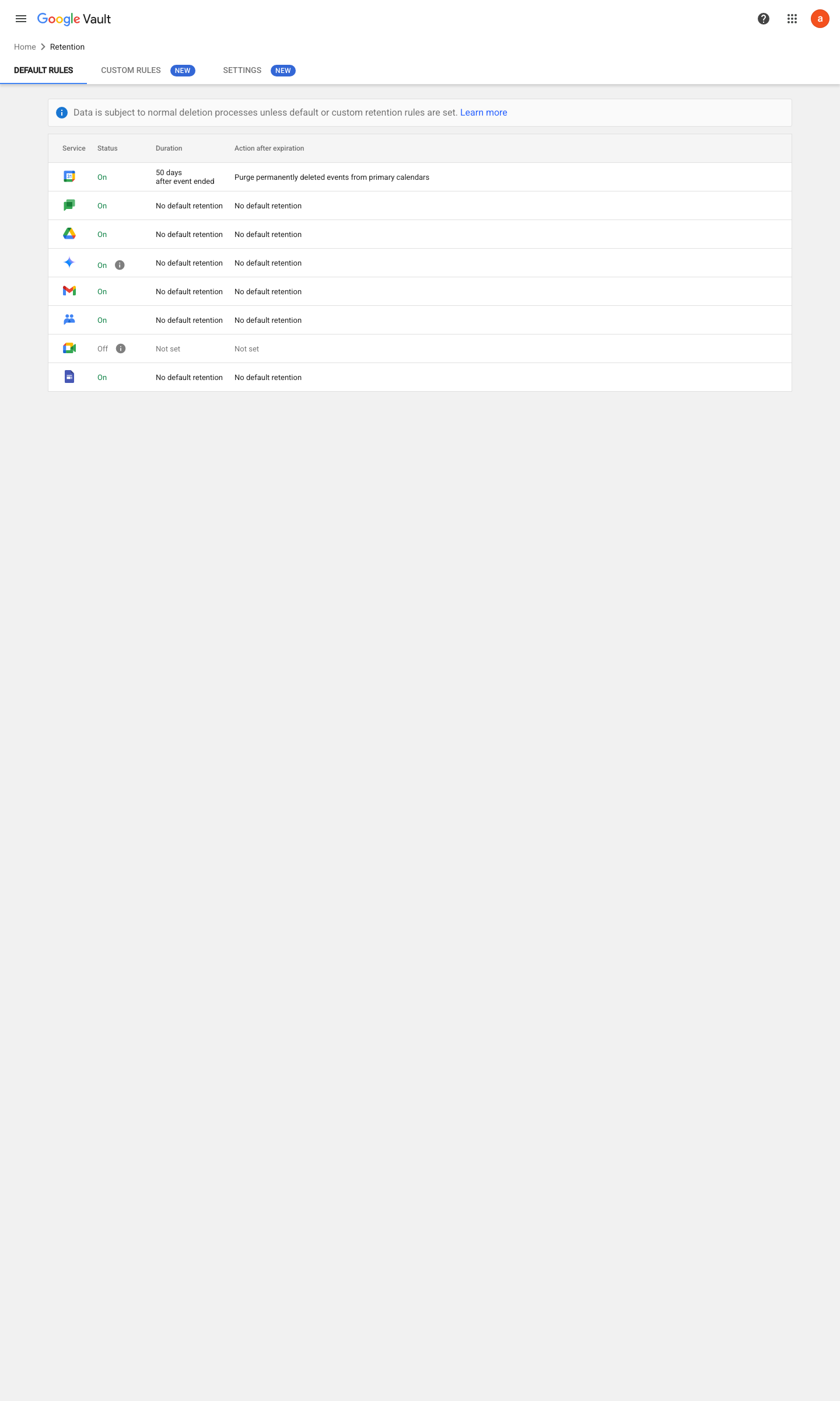 Admin console screen — Google Vault > Retention